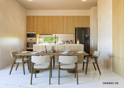 Modern dining room with table set for meal, and a view of the kitchen