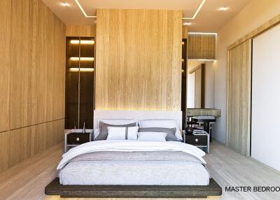 Modern bedroom with wooden accent wall and comfortable bed