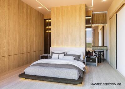 Master bedroom with modern design and wooden elements