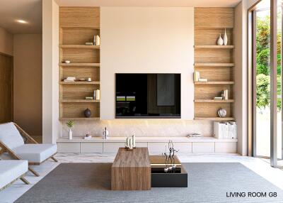 Modern living room with wooden shelves, a large TV, and floor-to-ceiling windows