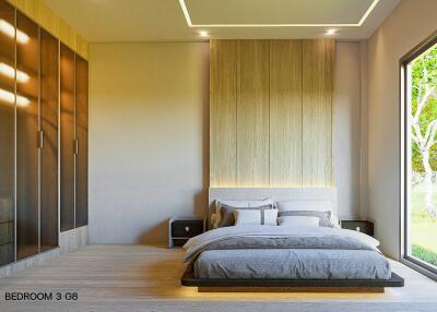 Modern bedroom with large window and wooden accents