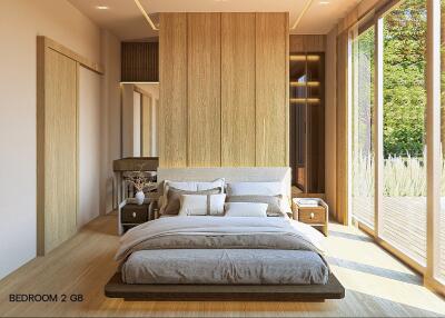 Modern bedroom with large windows and wooden accents