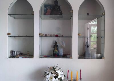 Living room with built-in shelves and decorative items