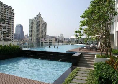 Outdoor swimming pool view with cityscape in the background