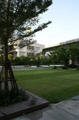 View of a garden with trees and a building in the background