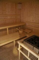 Wooden sauna with benches and sauna stove