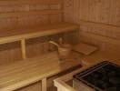 Wooden sauna with benches and sauna stove