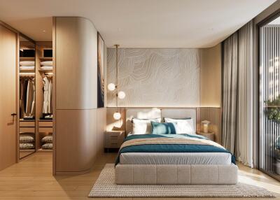 Modern bedroom with walk-in closet and large window