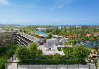 Exterior view of an apartment complex with landscaped gardens and outdoor seating areas