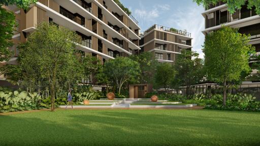 Modern apartment complex with green landscaped surroundings