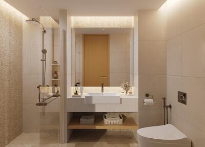 Modern and well-lit bathroom with shower and toilet