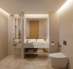 Modern and well-lit bathroom with shower and toilet