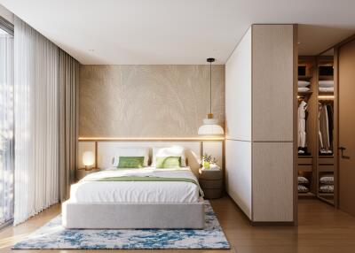 Modern bedroom with large window and walk-in closet