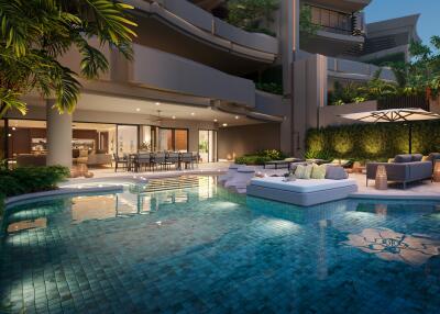 Luxurious outdoor pool area with lounging space and dining area