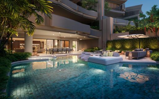 Luxurious outdoor pool area with lounging space and dining area