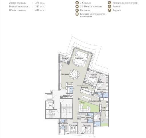 Detailed floor plan of the property with room labels and areas in Russian.