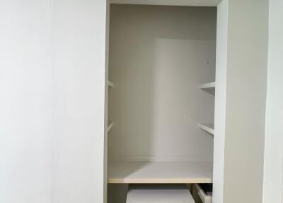 Interior view of a small built-in storage area with shelves