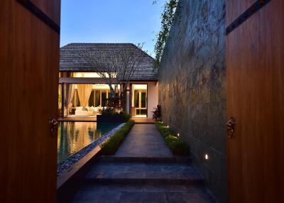 entrance pathway leading to modern house with pool