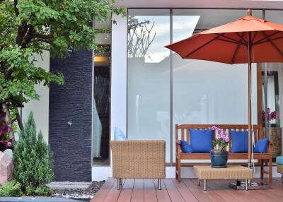 Comfortable outdoor seating area with a wooden deck