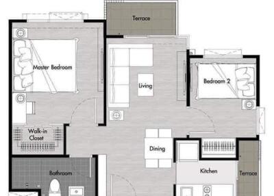 2 bedroom floor plan with master bedroom, living room, dining area, kitchen, walk-in closet, bathroom, and two terraces.