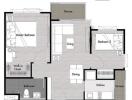 2 bedroom floor plan with master bedroom, living room, dining area, kitchen, walk-in closet, bathroom, and two terraces.