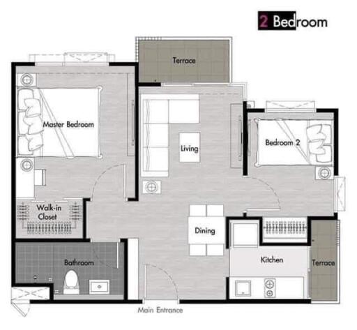 2 bedroom floor plan with master bedroom, living room, dining area, kitchen, walk-in closet, bathroom, and two terraces.