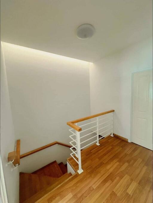 Wooden staircase with white railing