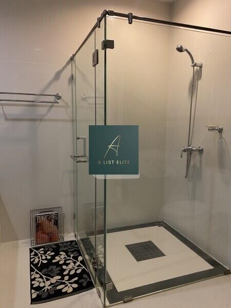 Modern bathroom with glass shower enclosure