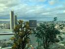 view from living room window overlooking city skyline