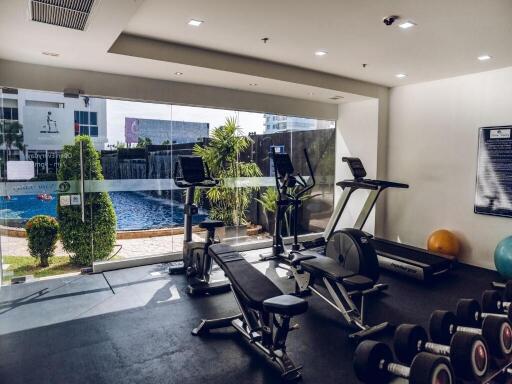 Well-equipped gym with cardio machines and weights, overlooking a pool area