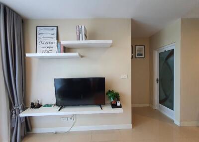 Modern living room with TV and shelves