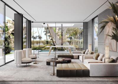 Modern living room with large windows and outdoor view