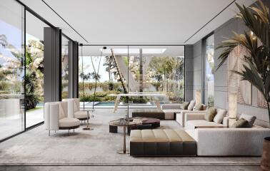 Modern living room with large windows and outdoor view