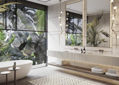 Modern bathroom with large window, bathtub, double sink, and tropical plants outside