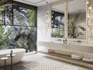 Modern bathroom with large window, bathtub, double sink, and tropical plants outside