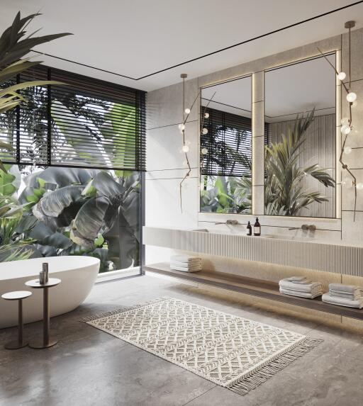 Modern bathroom with large window, bathtub, double sink, and tropical plants outside