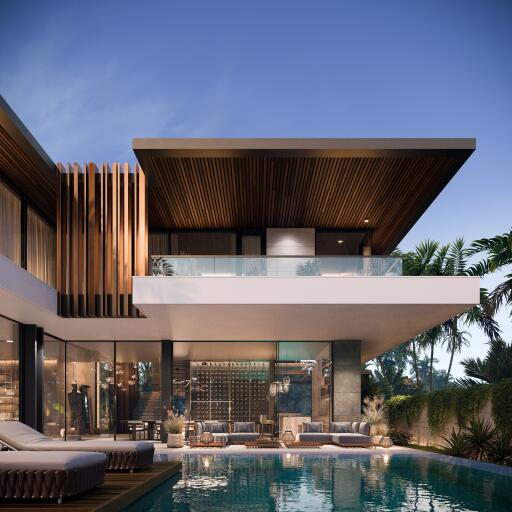 Modern luxury house with swimming pool at dusk