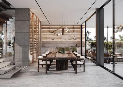 Modern dining room with large windows, elegant dining table, suspended light fixture, and adjacent wine storage.