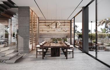 Modern dining room with large windows, elegant dining table, suspended light fixture, and adjacent wine storage.