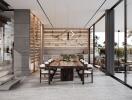 Modern dining room with large windows, elegant dining table, suspended light fixture, and adjacent wine storage.