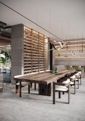 Stylish dining room with a large wooden table and wine rack