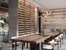 Stylish dining room with a large wooden table and wine rack