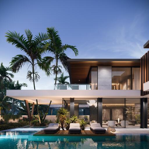 Modern luxury home with pool and outdoor lounging area