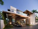 Modern two-story house with large driveway and carport