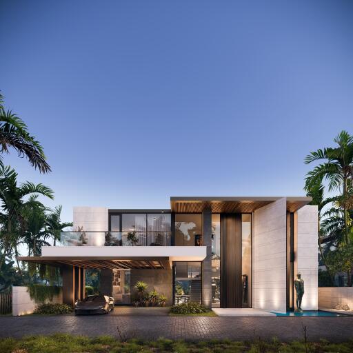 Modern luxury home with large windows and palm trees