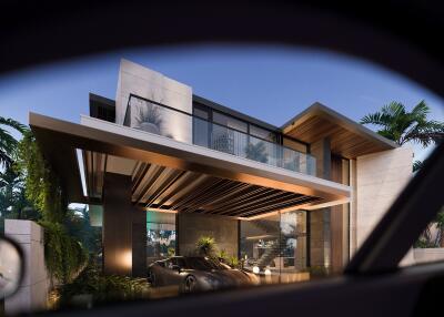 A modern luxury house with a car in the driveway and large glass windows