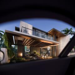 A modern luxury house with a car in the driveway and large glass windows