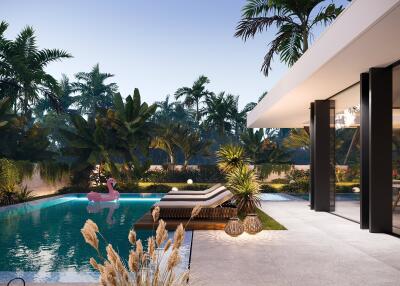 Modern outdoor pool area with lounge chairs and lush greenery