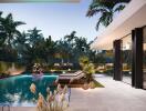 Modern outdoor pool area with lounge chairs and lush greenery