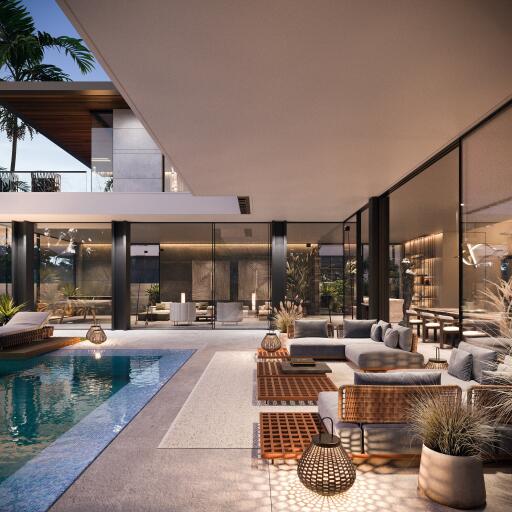 Modern outdoor living area with pool